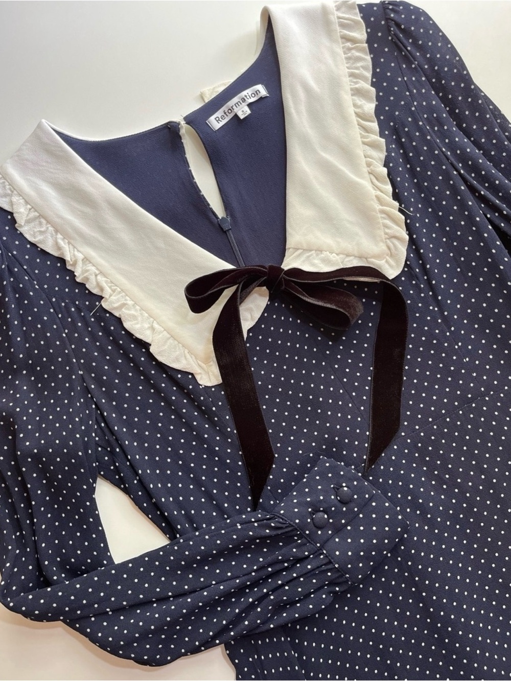 Reformation Navy Polka Dot White Collar Bow Mini Dress Size 8 – Runs Small